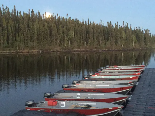 Fishing boats docked on Wollaston Lake at dusk